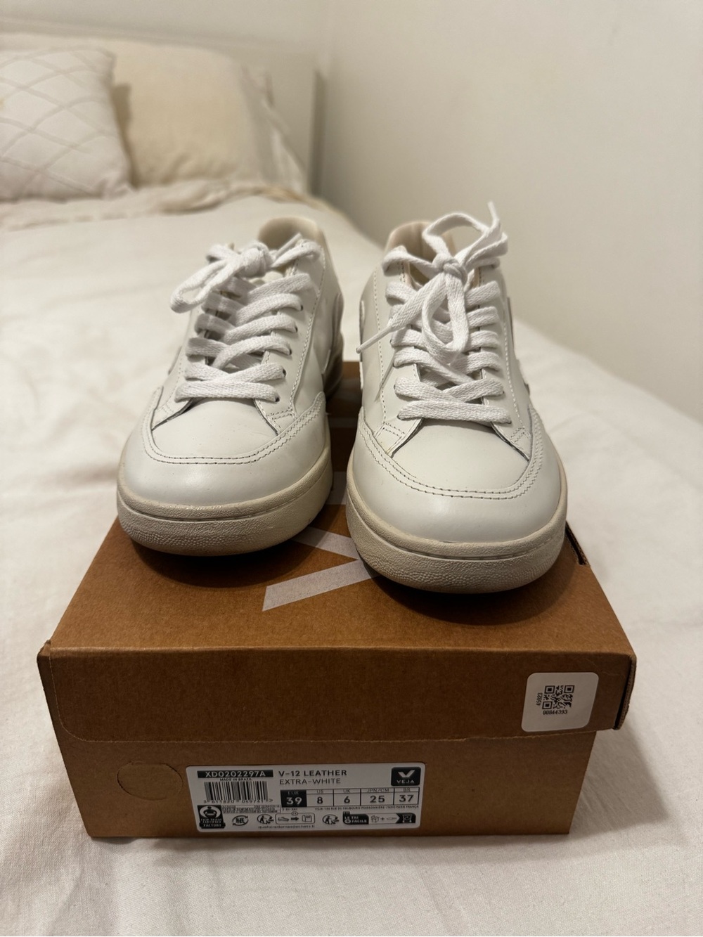 Veja V-12 Leather Sneakers in White - Picture 1 of 3